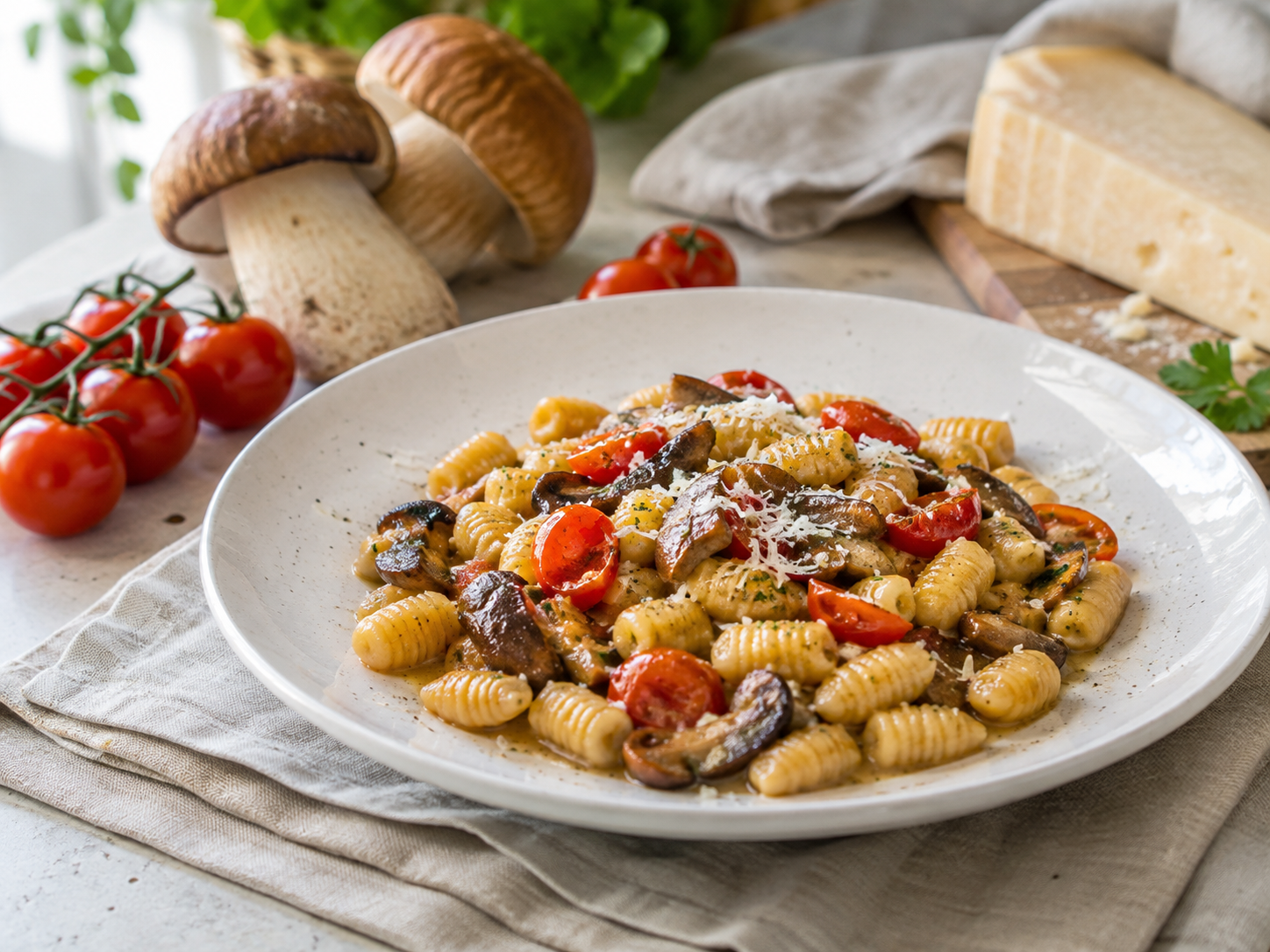 gnocchetti-funghi-porcini-pomodorini-pecorino Gnocchetti con ciliegini, funghi porcini e pecorino