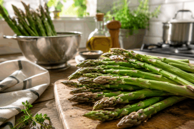 Asparagi freschi pronti da cucinare su un tagliere in cucina