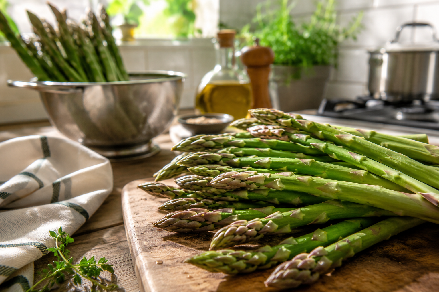 Asparagi freschi pronti da cucinare su un tagliere in cucina