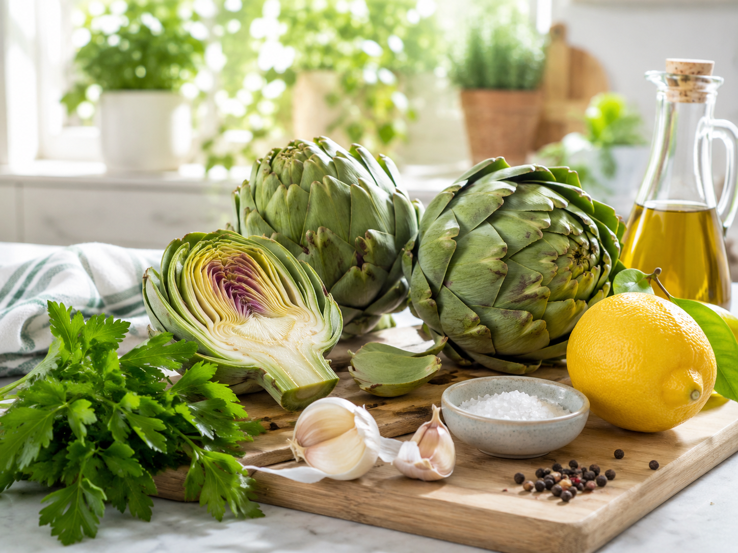 Carciofi freschi con limone, prezzemolo e aromi su un tagliere in cucina